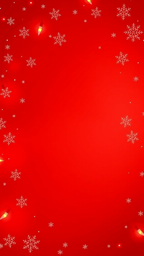 Bright red Christmas background with snowflakes and lights.